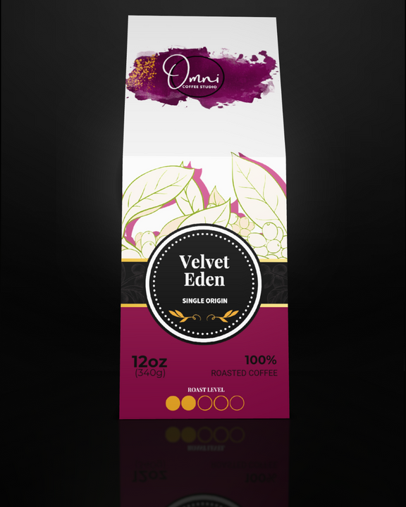 Coffee package labeled 'Velvet Eden' by 'Omni Coffee' on a dark background