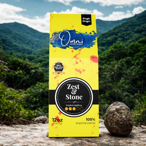 Omni Coffee Studio – Zest & Stone box, bright citrus and cocoa-infused notes, light-medium roast, coffee packaging.