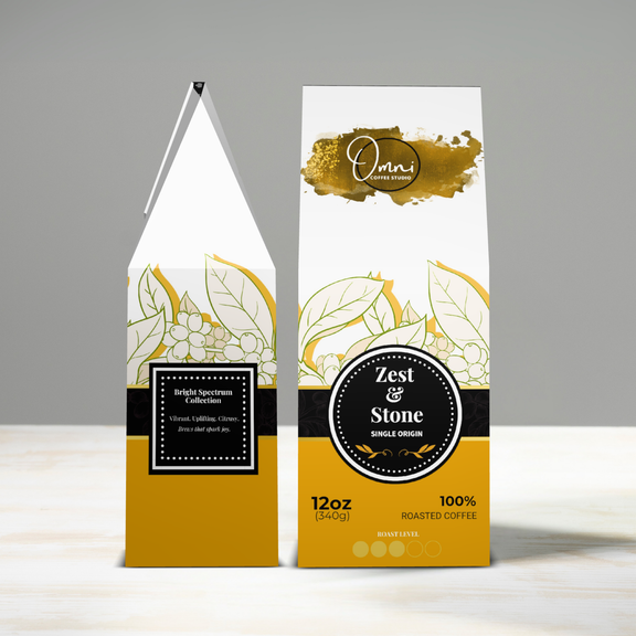 Two coffee packages labeled 'Zest & Stone' and 'Omni' on a gray background